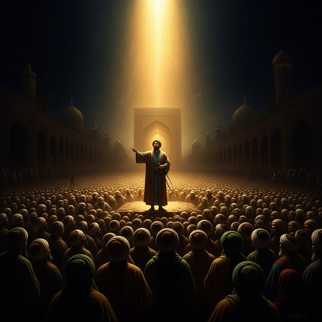 Abd al-Qadir preaches to thousands in the open air of Baghdad — no hall can hold the crowd, so the crowd arranges itself around him, filling the streets in every direction.