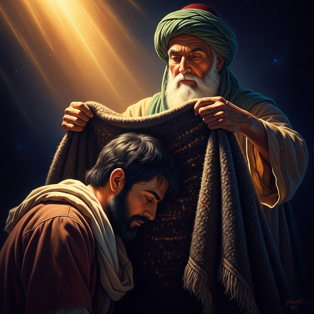 The aged master places the wool cloak — khirqa — over Abd al-Qadir's shoulders in a Baghdad courtyard, completing a chain of transmission that reaches back to the Prophet through Ali.