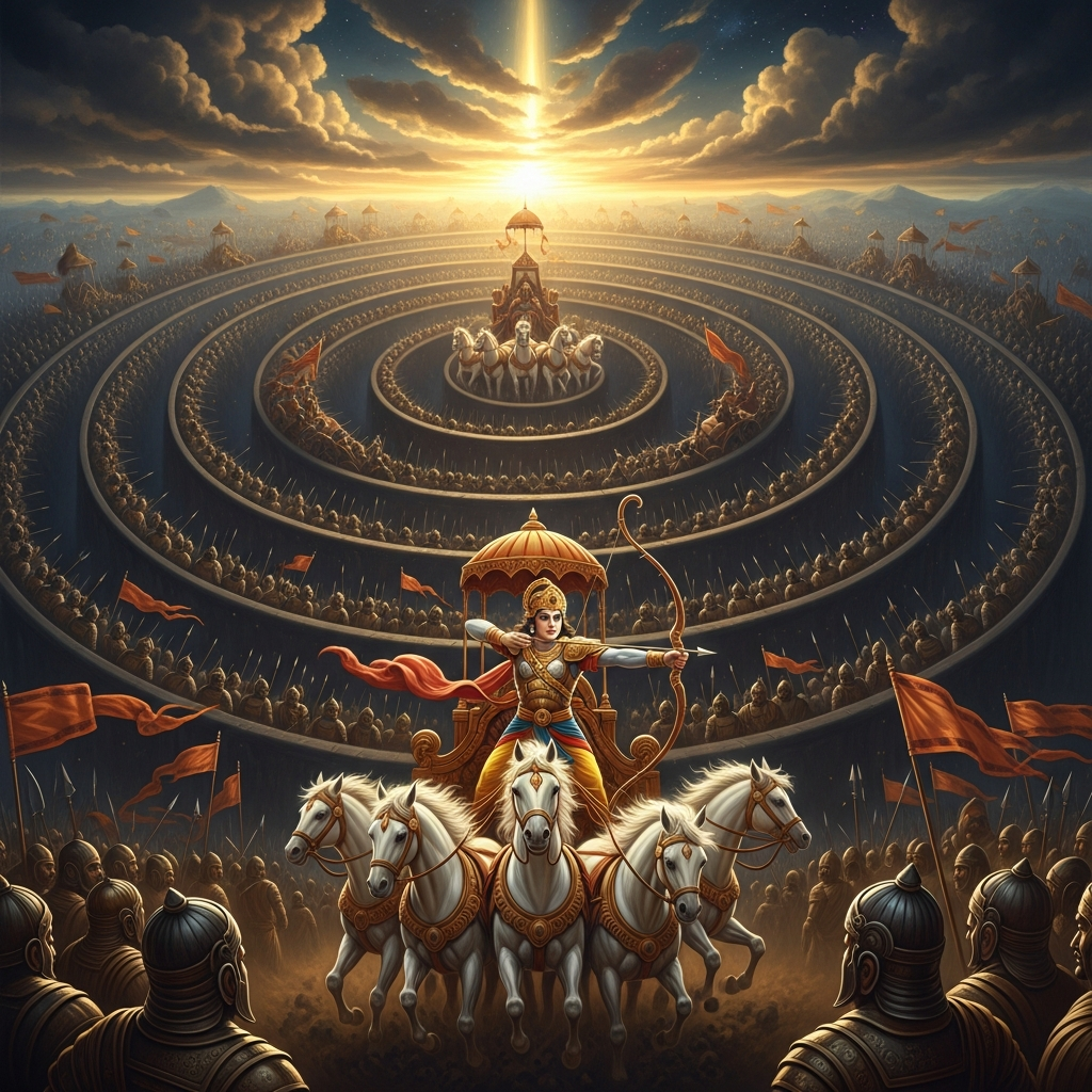 The Chakravyuha spins before him like a living wall — seven layers of warriors rotating in opposite directions, the outer ring facing outward, each inner ring a tighter death. Abhimanyu rides in. Behind him, the Kaurava formation closes.