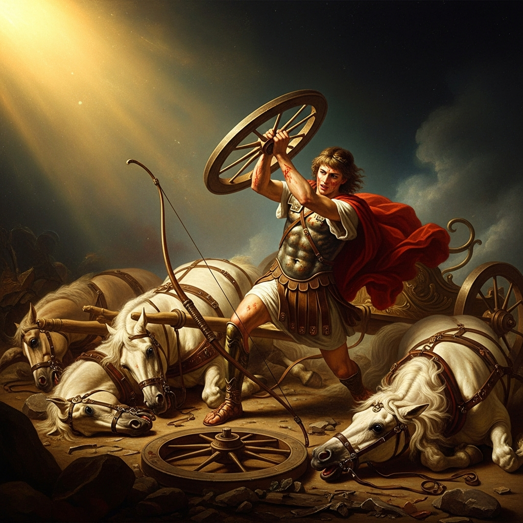 His chariot is destroyed. His bow is broken. His horses are dead. He stands in the wreckage of his chariot wheel and fights with the wheel itself until he cannot stand. He is sixteen years old.