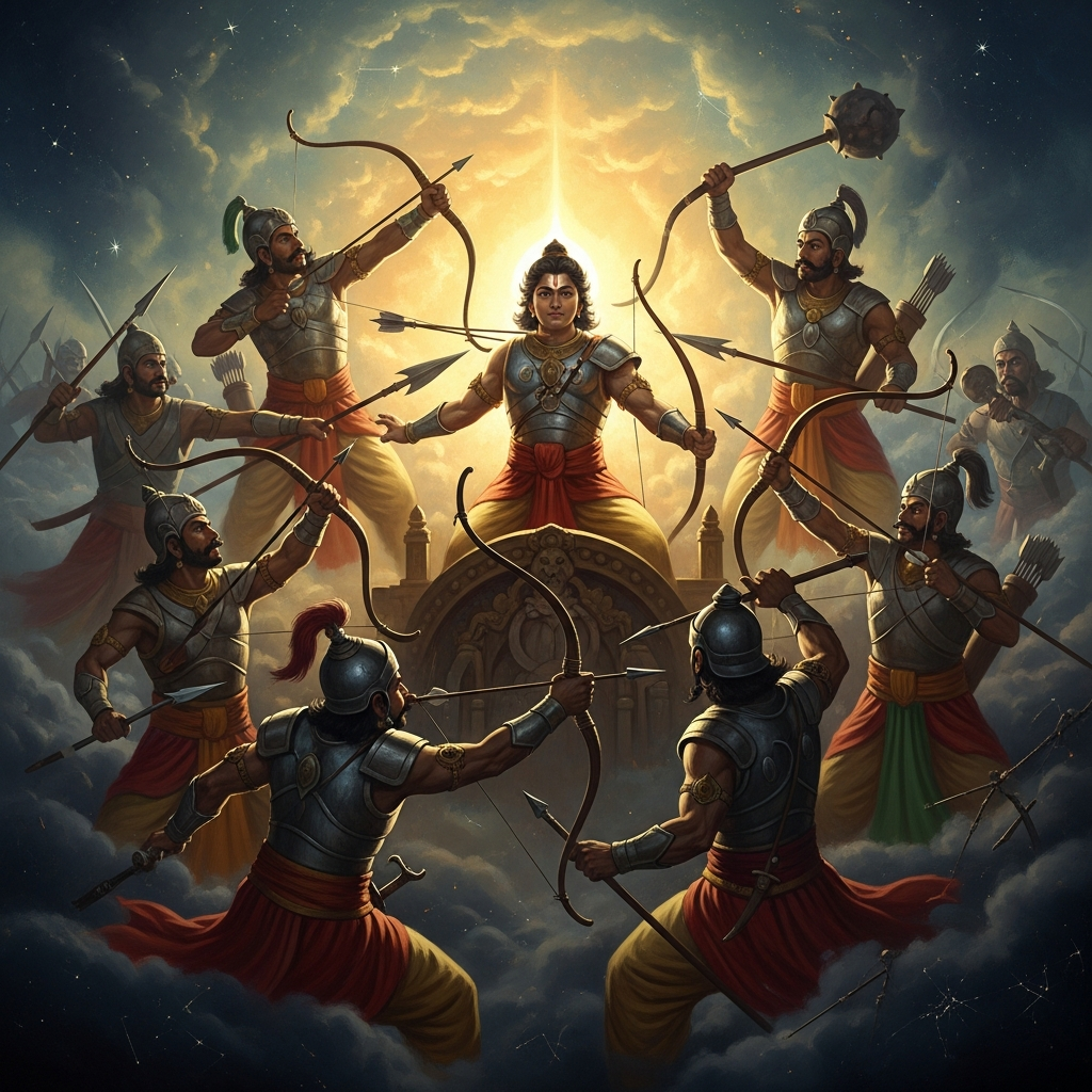 Inside the wheel, he is surrounded on all sides. Six of the greatest living warriors — Drona, Karna, Kripa, Ashvatthama, Shalya, Duhshasana's son — break every rule of war simultaneously to stop the boy they cannot stop fairly.