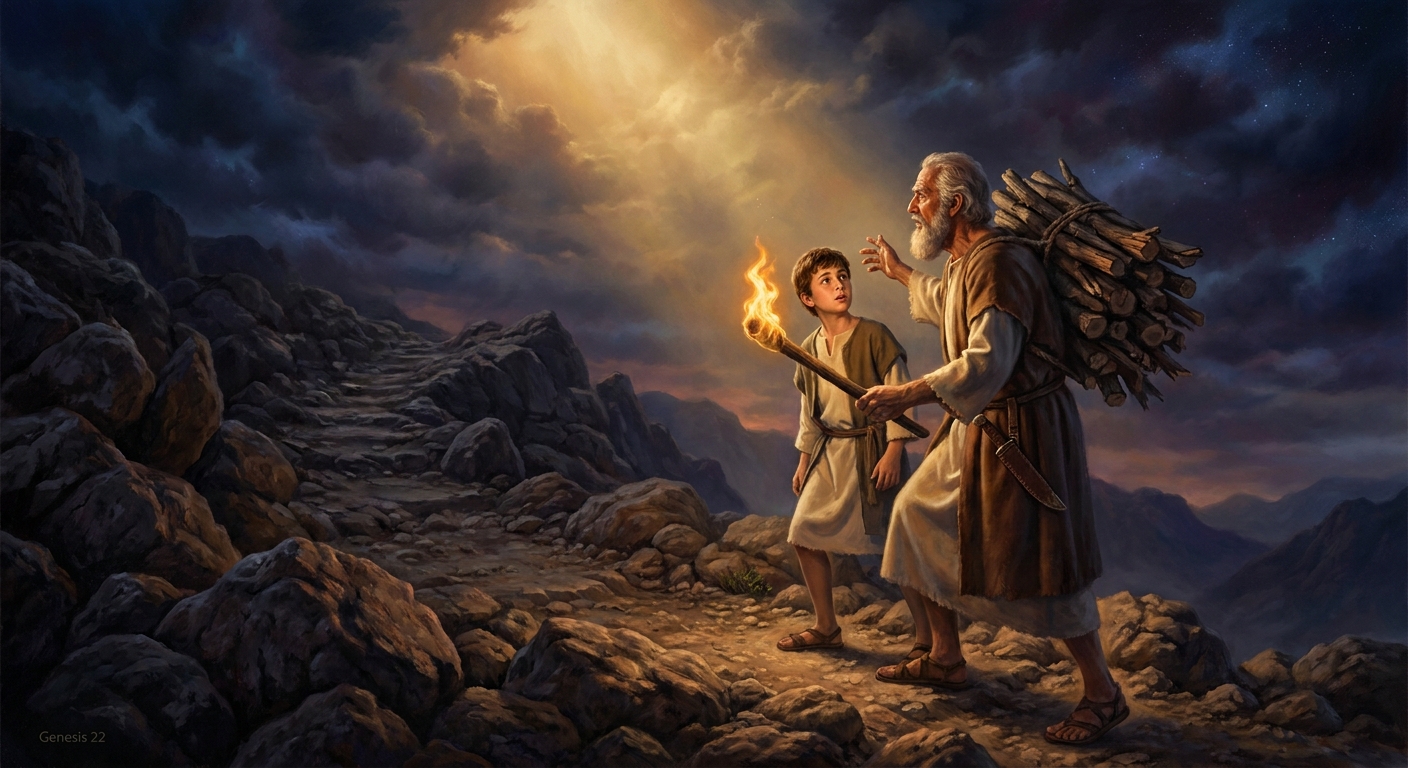 Three days on the road from Beersheba. Abraham knows. Isaac does not. The wood for the burnt offering rides on the boy's back, and the old man carries the fire and the knife himself.