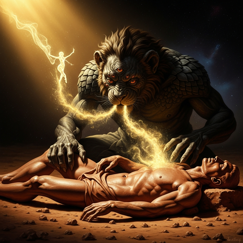 Yaldabaoth leans over the clay body of Adam and breathes — and unknowingly breathes out the last fragment of Sophia's light. Adam opens his eyes. He is immediately smarter than his maker.