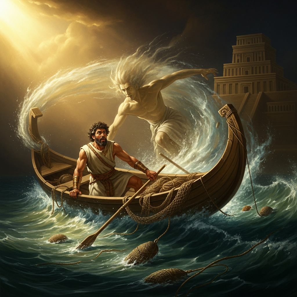 Adapa fishes the sacred waters of Eridu for Ea's temple — until the south wind capsizes his boat.