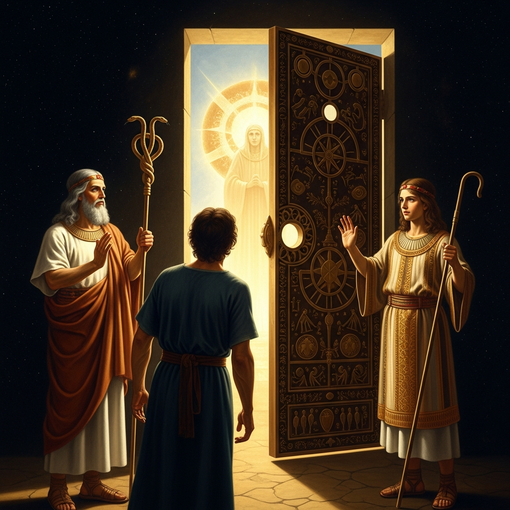 Adapa stands at Anu's gate flanked by Dumuzi and Gizzida, the two gods stationed to plead for his life.
