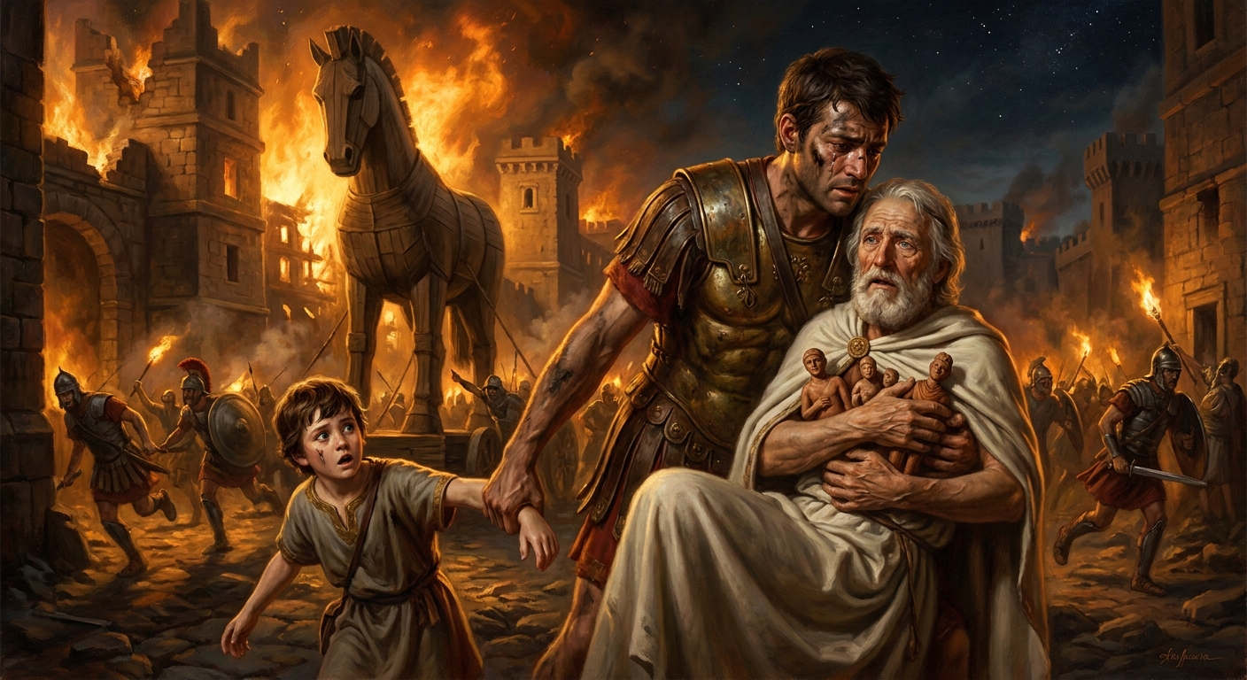 Aeneas lifts his aged father onto his shoulders, takes his son's hand, and walks into burning Troy.