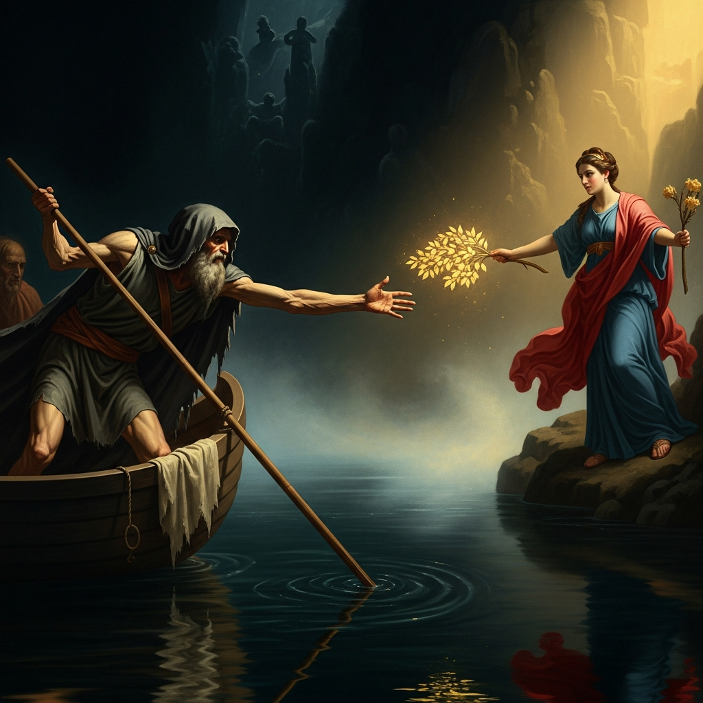 Charon at the Styx, his pole in the black water. The Sibyl holds the golden bough forward. The ferryman reaches for it.
