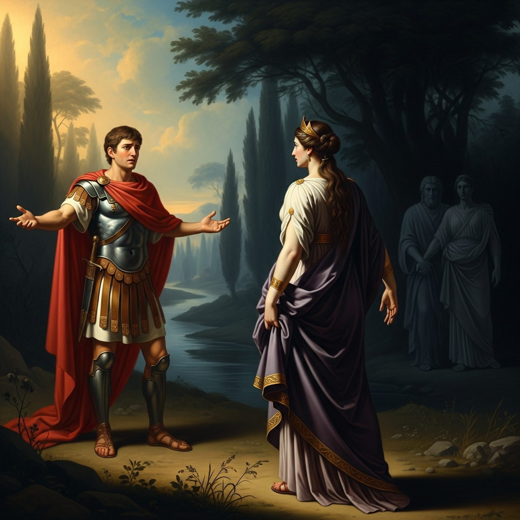 Aeneas sees Dido in the fields of those who died of love. He speaks. She turns away into the shadow, back toward her husband. She does not look at him.