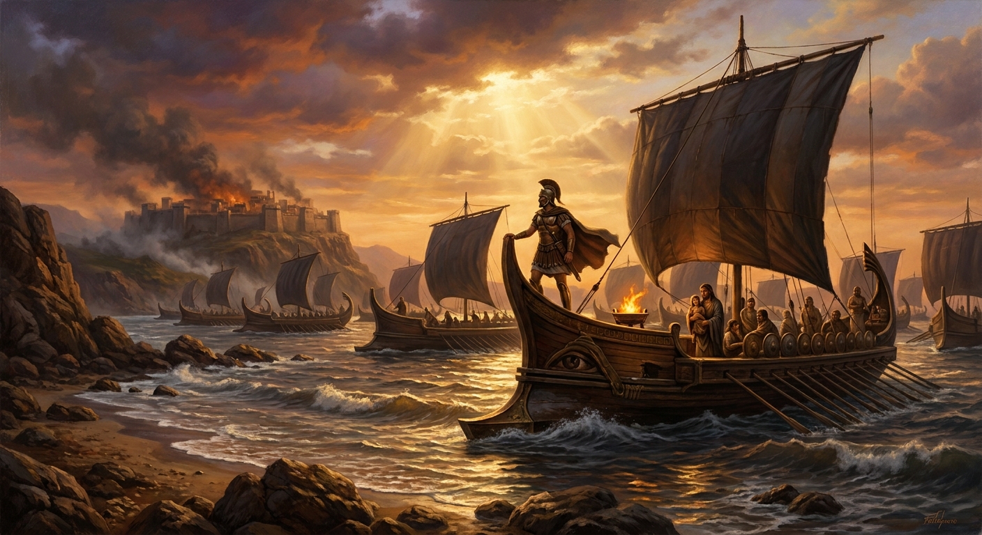 Twenty ships leave the Troad at dawn, carrying the gods of Troy toward an unknown shore.