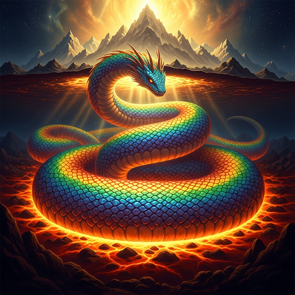 Aido-Hwedo coils beneath the earth in the cosmic sea of iron, rainbow-scaled, vast, the mountains above him the trace of his old turning. He holds everything. He must not grow too hot.