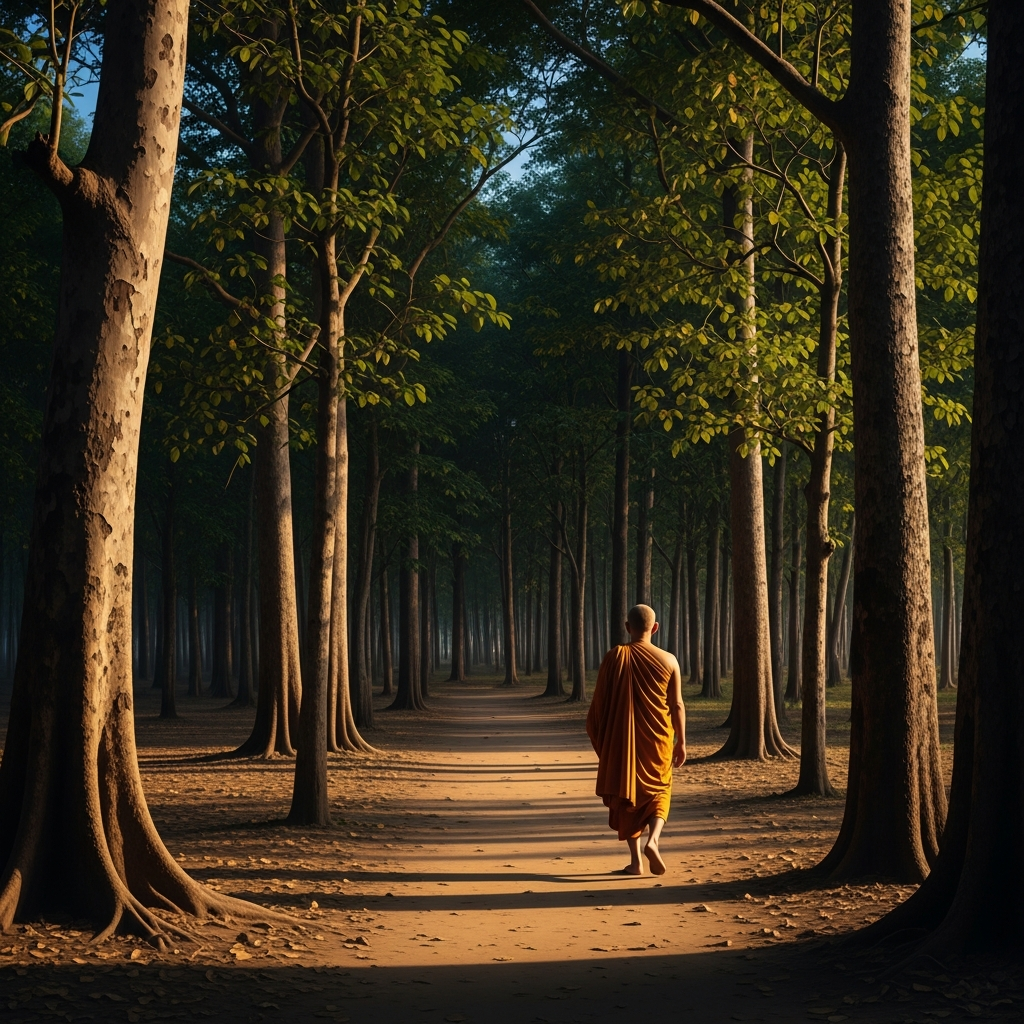 Wat Nong Pah Pong at dusk — forest monastery, teak trees, the sound of evening chanting from the sala. The paths between the kutis are swept dirt. A figure in ochre robes walks slowly between the trees, looking at nothing in particular, which means he is looking at everything.