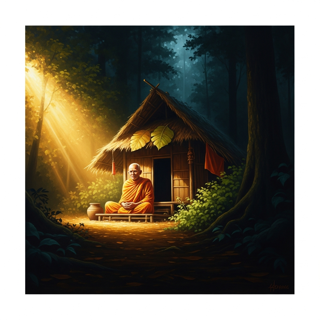 A small forest kuti — a monk's hut on stilts — in the early morning. A student monk lies on a mat holding his leg. The leg is swollen. An older monk sits on the floor near him, cross-legged, completely at ease, as if sitting in a very comfortable room.