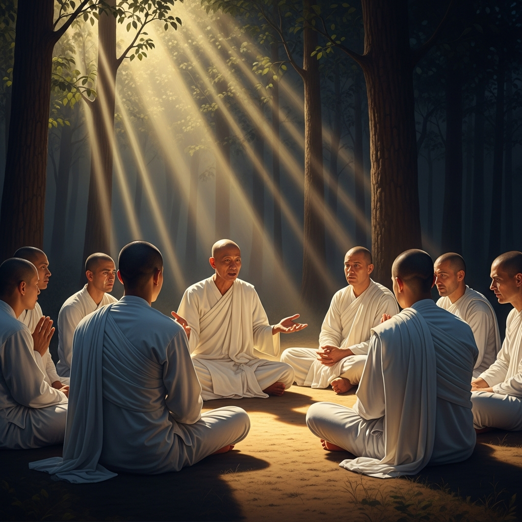 A circle of monks and Western practitioners in white robes seated on the ground around Ajahn Chah, who is speaking with his hands slightly open. The light comes through the trees in long shafts. Several people are crying. Ajahn Chah appears to find this appropriate.