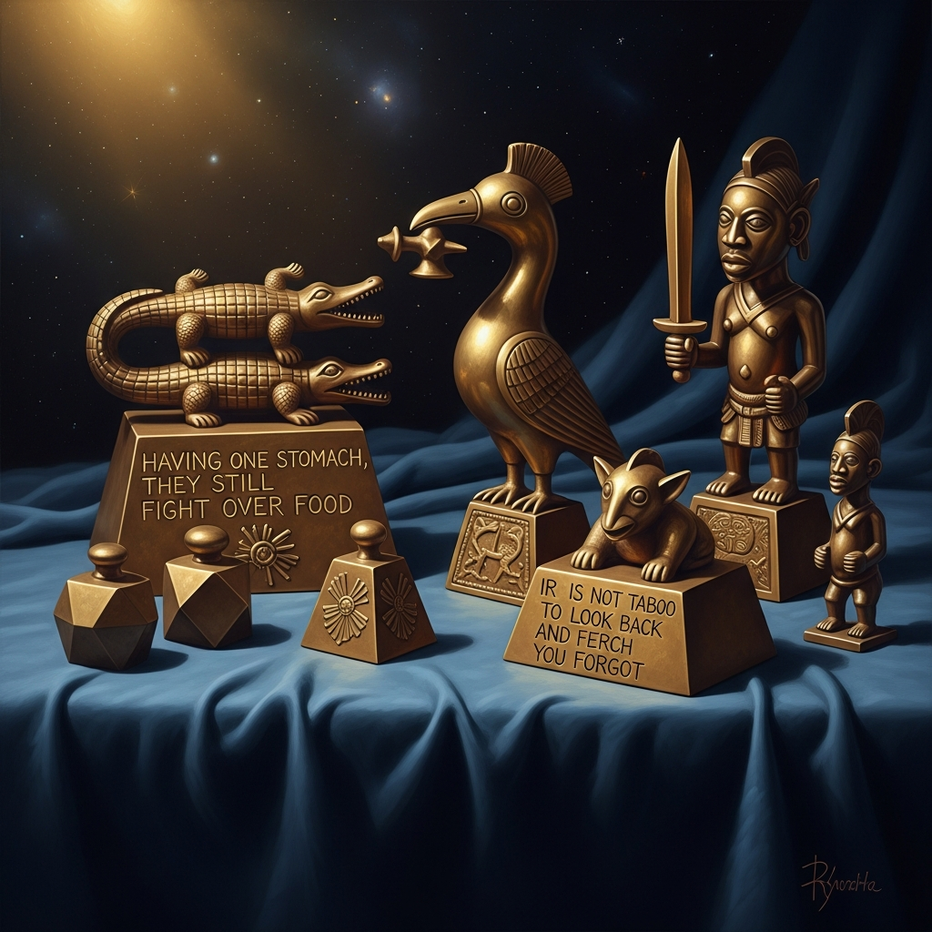 Akan goldweights cast in brass — geometric, animal, human — lie in their cloth. Each one a proverb, a law, a cosmological statement compressed into the weight of a gram of gold dust.