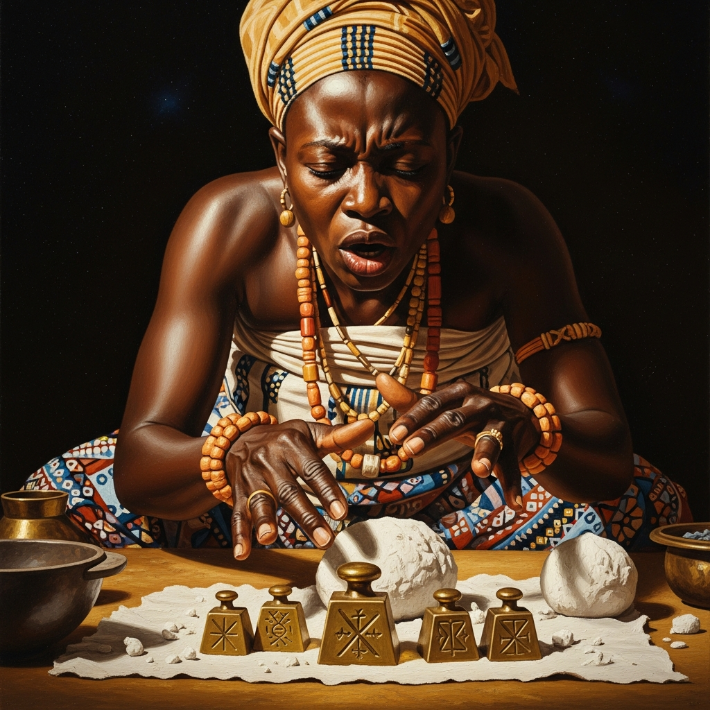 The okomfo crouches over an arrangement of brass goldweights and white clay, speaking the words that call the sunsum back — her voice low and rapid, her hands moving in patterns older than the village's oldest elder.