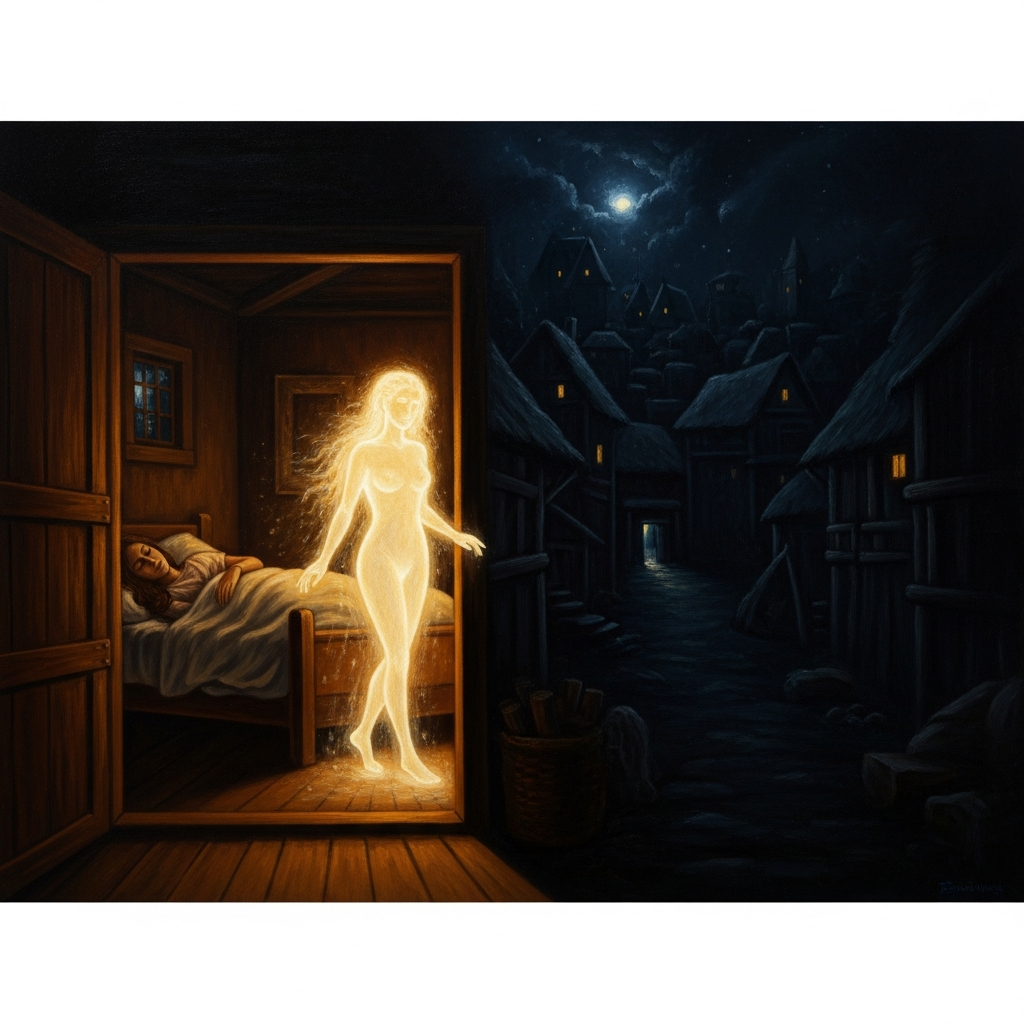 A sleeping woman's sunsum rises as a luminous figure from her body, stepping out into the dark village — unprotected, visible to forces the waking eye cannot see, moving through the spirit-world like a lantern in rain.