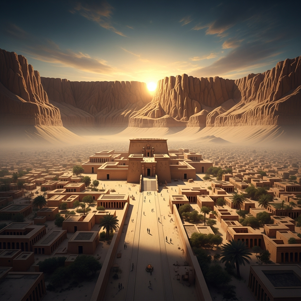 The city of Akhetaten rising from the empty limestone cliffs of Middle Egypt — a city conceived whole and built in perhaps three years, the palace and the open-air temple facing east, the royal road running north to south, the whole settlement oriented toward the horizon where the Aten rises between two cliffs.