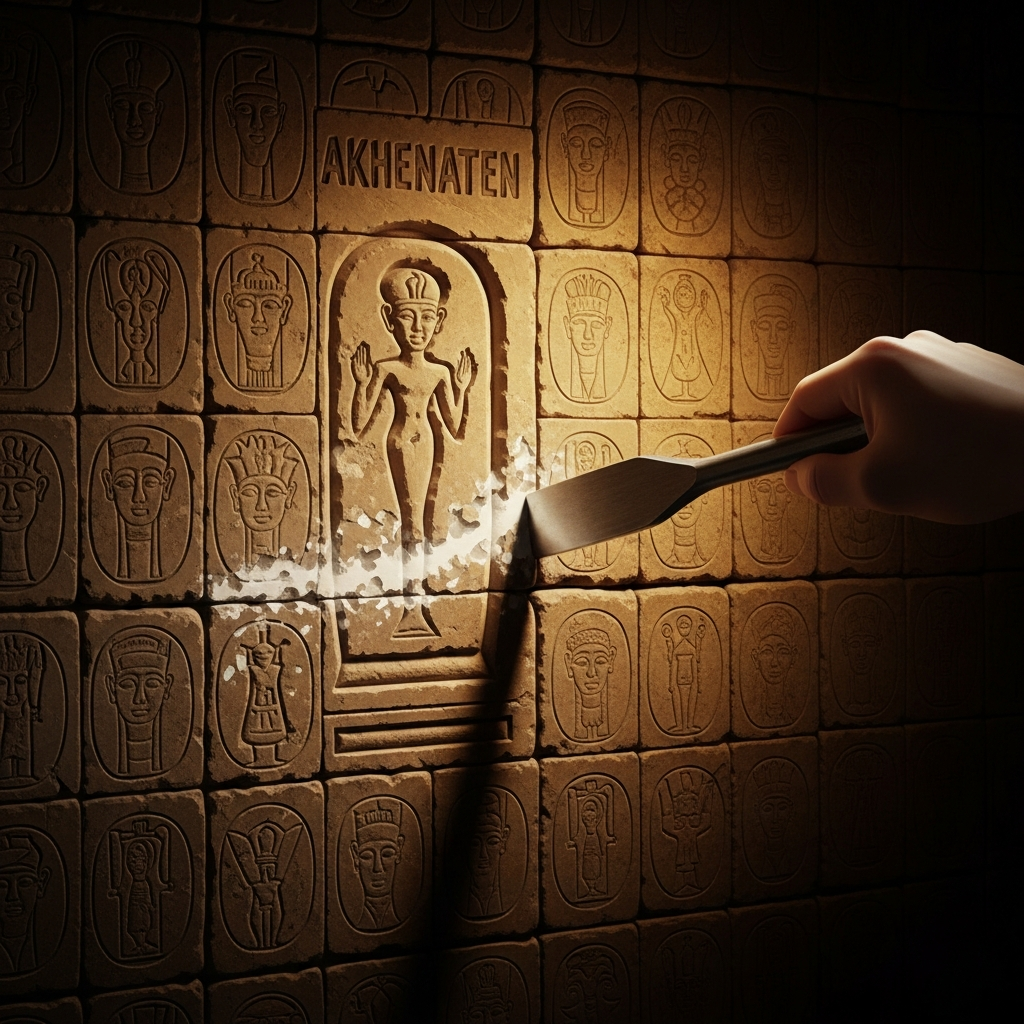 A chisel at work on a temple wall at Karnak, cutting away the cartouche of Akhenaten from the stone, cutting away the face from every image of the pharaoh who tried to end the gods. The groove where his name was is lighter than the surrounding stone — fresher, not yet weathered to the same color.