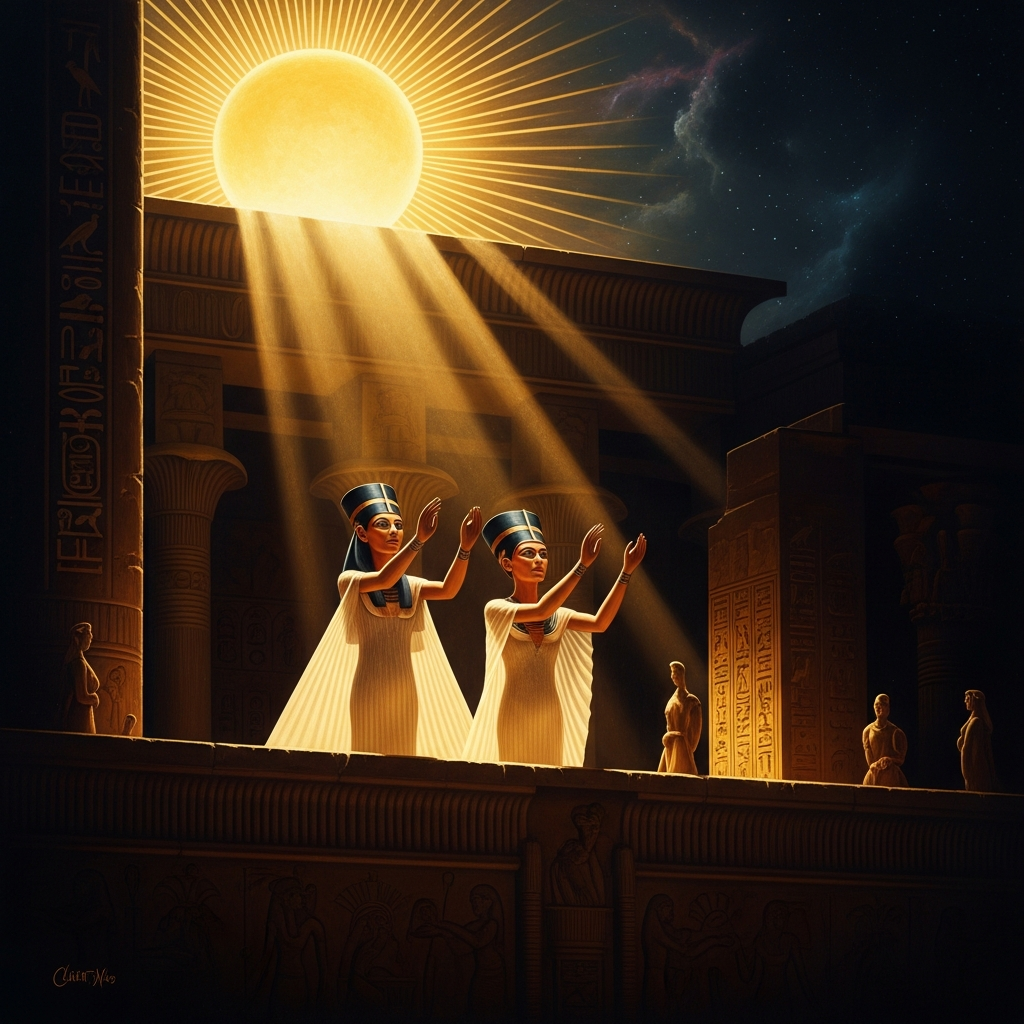 Akhenaten and Nefertiti stand on the balcony of the great temple at Amarna, arms raised in the dua gesture of adoration, their elongated forms catching the full force of the rising sun. The Aten's rays end in hands that touch the ankh signs at their nostrils. The city is still being built behind them.