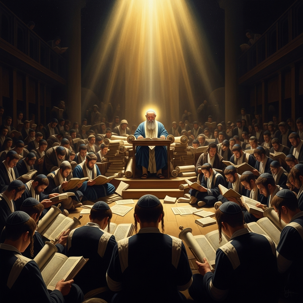 At the height of his career, twelve thousand pairs of students fill the academies of Bnei Brak — the rabbinic Judaism that will survive the empire is being assembled in his lifetime, sentence by sentence.