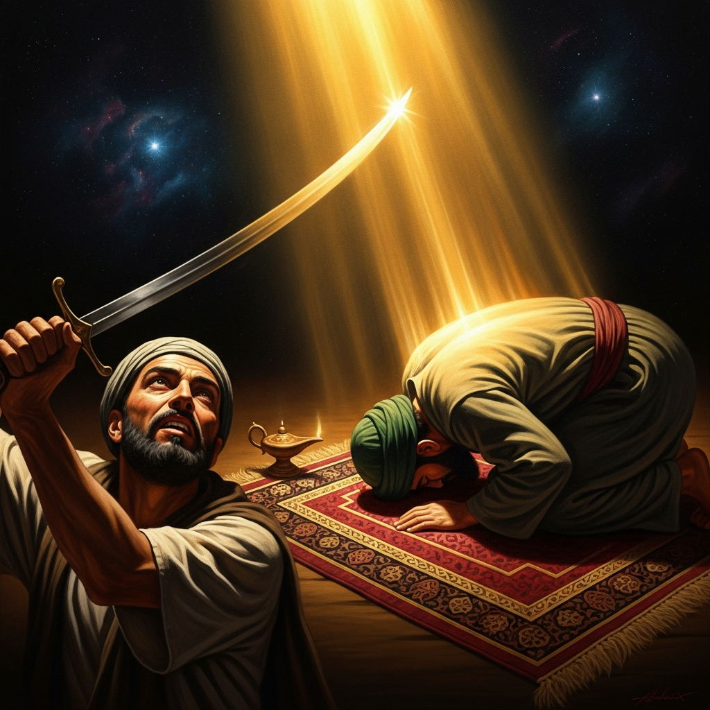 Ibn Muljam's sword finds Ali in the prostration of dawn prayer — the man who spent his life arguing for the caliphate dies doing the one thing no one contested: praying.