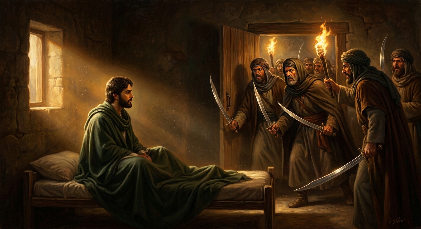 Ali ibn Abi Talib sleeps in the Prophet's bed, wrapped in the green cloak, while forty swords wait outside the door. He is twenty-two years old. He does not flinch.