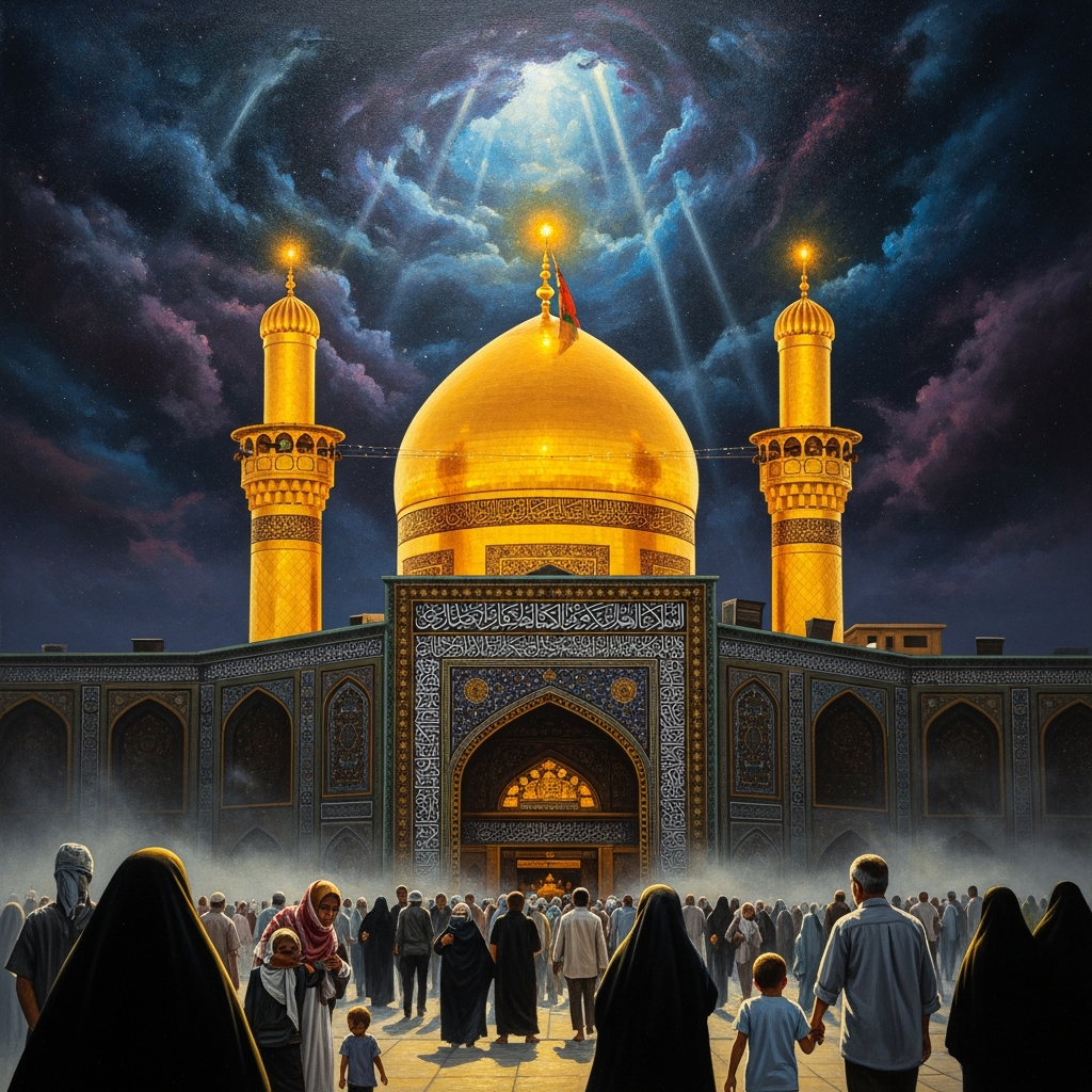 The golden dome of Najaf rises over the tomb of Ali ibn Abi Talib, the third holiest site in Islam — pilgrimage destination for forty million people a year.