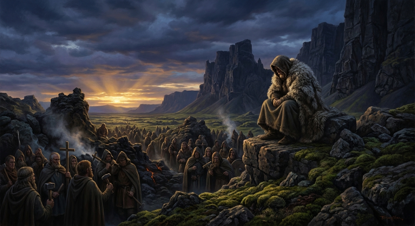 Þorgeir Þorkelsson stands on the Law-rock at Þingvellir, the assembled chieftains of Iceland spread across the rift valley below him, waiting for a word that will outlast every one of them.