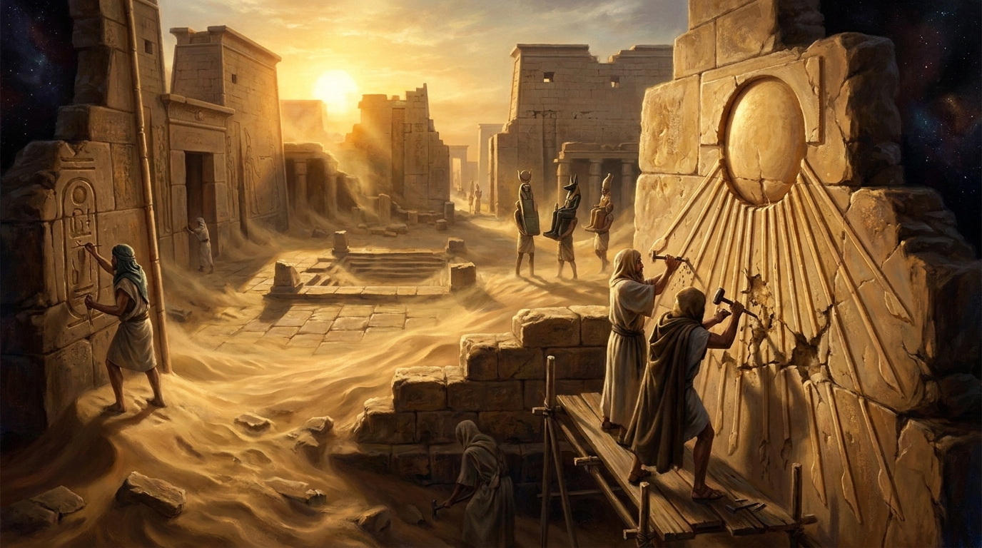 Amarna, abandoned. Within a decade of Akhenaten's death, the city built from nothing is returning to nothing. The limestone is already being stripped for other projects. By the time the sand is done, there will be no city here at all.
