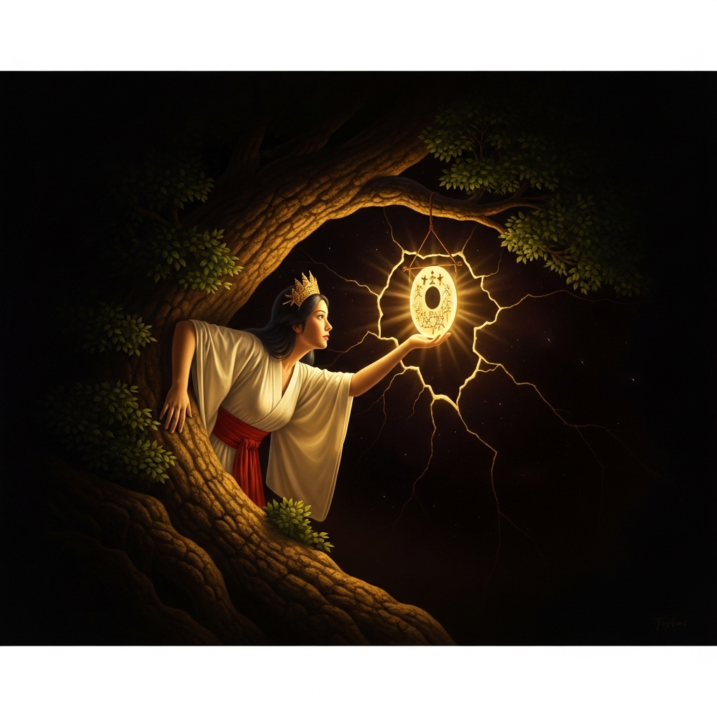 The crack of light widens. Amaterasu leans out from the Ama-no-Iwato, drawn by the sound of eight million laughing gods, and sees in the Yata no Kagami — hung in the sacred sakaki tree — a radiance she does not immediately recognize as her own.