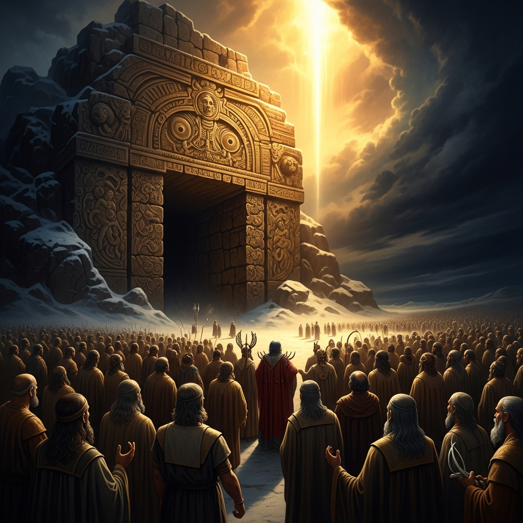 The Rock Cave sealed. The High Plain of Heaven falls into absolute darkness. Eight million gods stand in the cold, waiting, afraid.