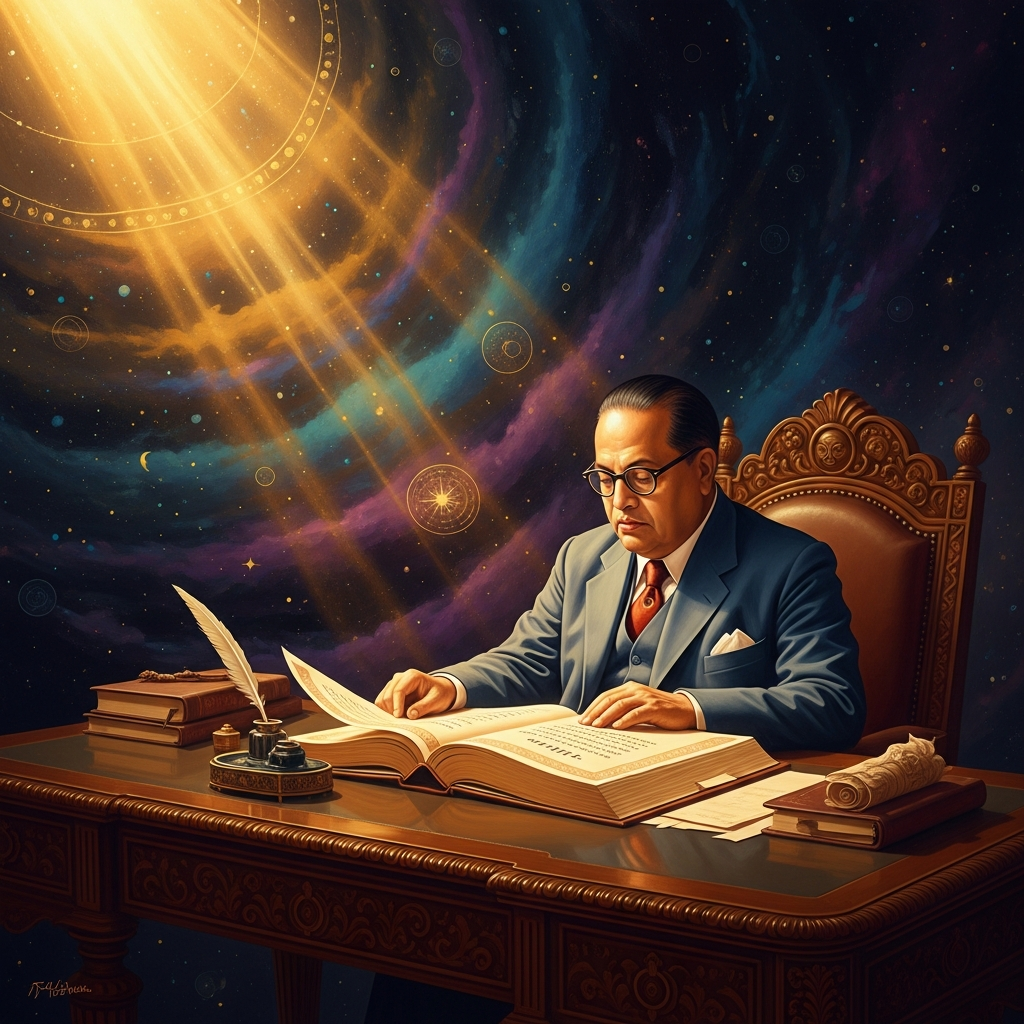 Ambedkar at his desk with the manuscript of *The Buddha and His Dhamma*, finished six weeks before his death — the foundational text of the Dalit Buddhist movement.