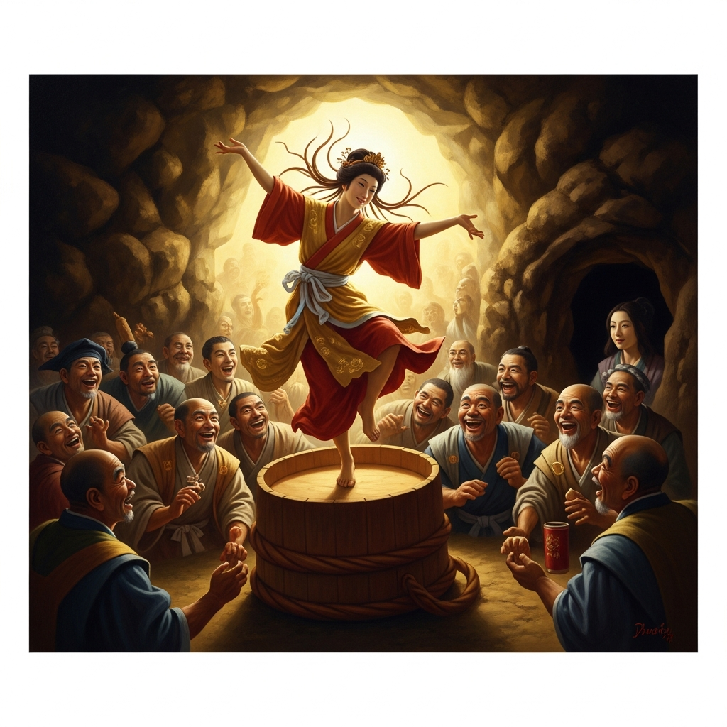 Ame-no-Uzume mounts the overturned tub and dances. The gods roar with laughter. Inside the cave, Amaterasu listens.