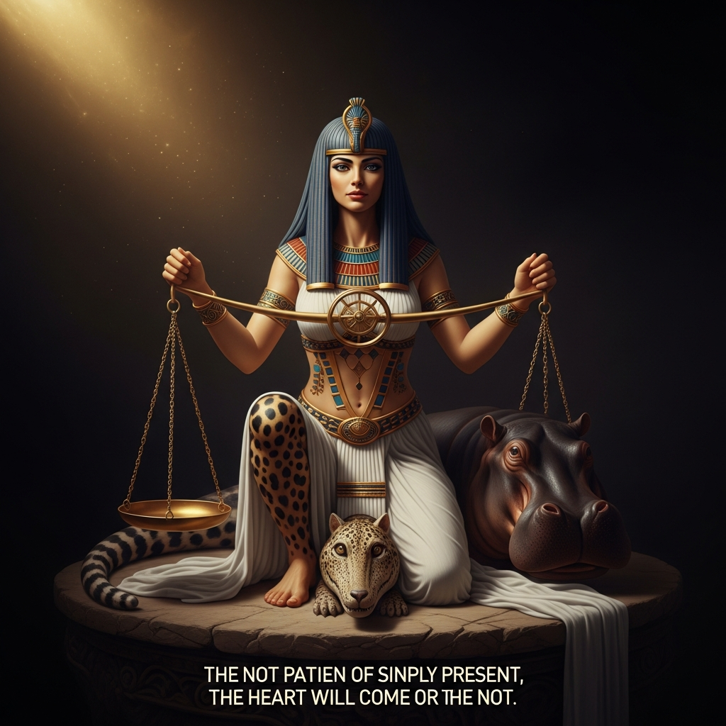 Ammit crouched below the scales — the head of a crocodile, the forebody of a leopard, the hindquarters of a hippopotamus, the three largest predators of Egypt combined into a single form. She is not impatient. She is simply present. The heart will come to her or it will not.