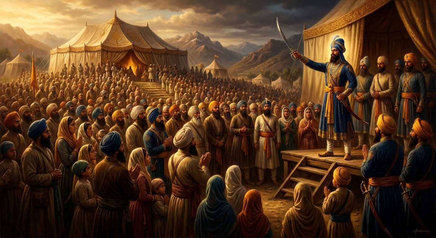 April 13, 1699. Eighty thousand Sikhs gather at Anandpur for Vaisakhi. The Guru appears on the dais with a drawn sword and asks the question no one expects.