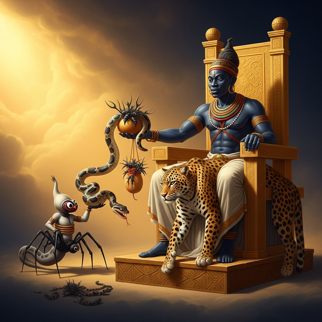 Anansi the spider, small and clever, presenting a bound python, a gourd of angry hornets, and a dead leopard to Nyame the sky god on his golden throne — the impossible price paid, the stories of the world changing hands.
