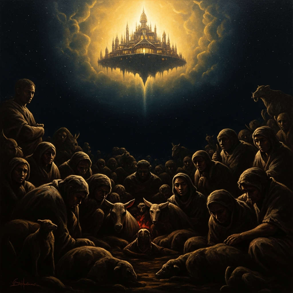 Animals and humans huddle in the dark around a night with no center — no fire, no warmth, no light. Above them the sky holds the glow of Nyame's palace, distant and golden, and not for them.