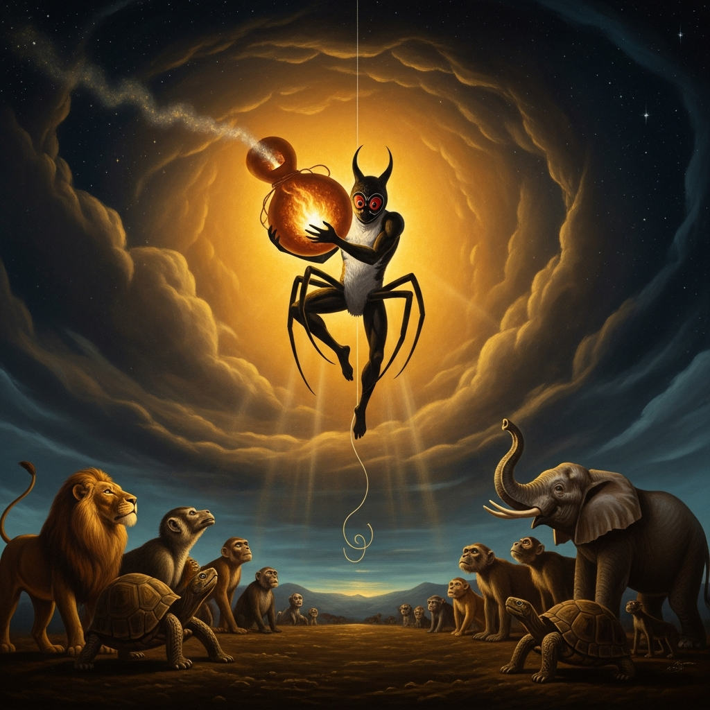 Anansi descends on his thread from sky to earth with the gourd of fire under one arm, the hornets still buzzing faintly inside their sealed vessel. Below, the animals are watching the light come down toward them.