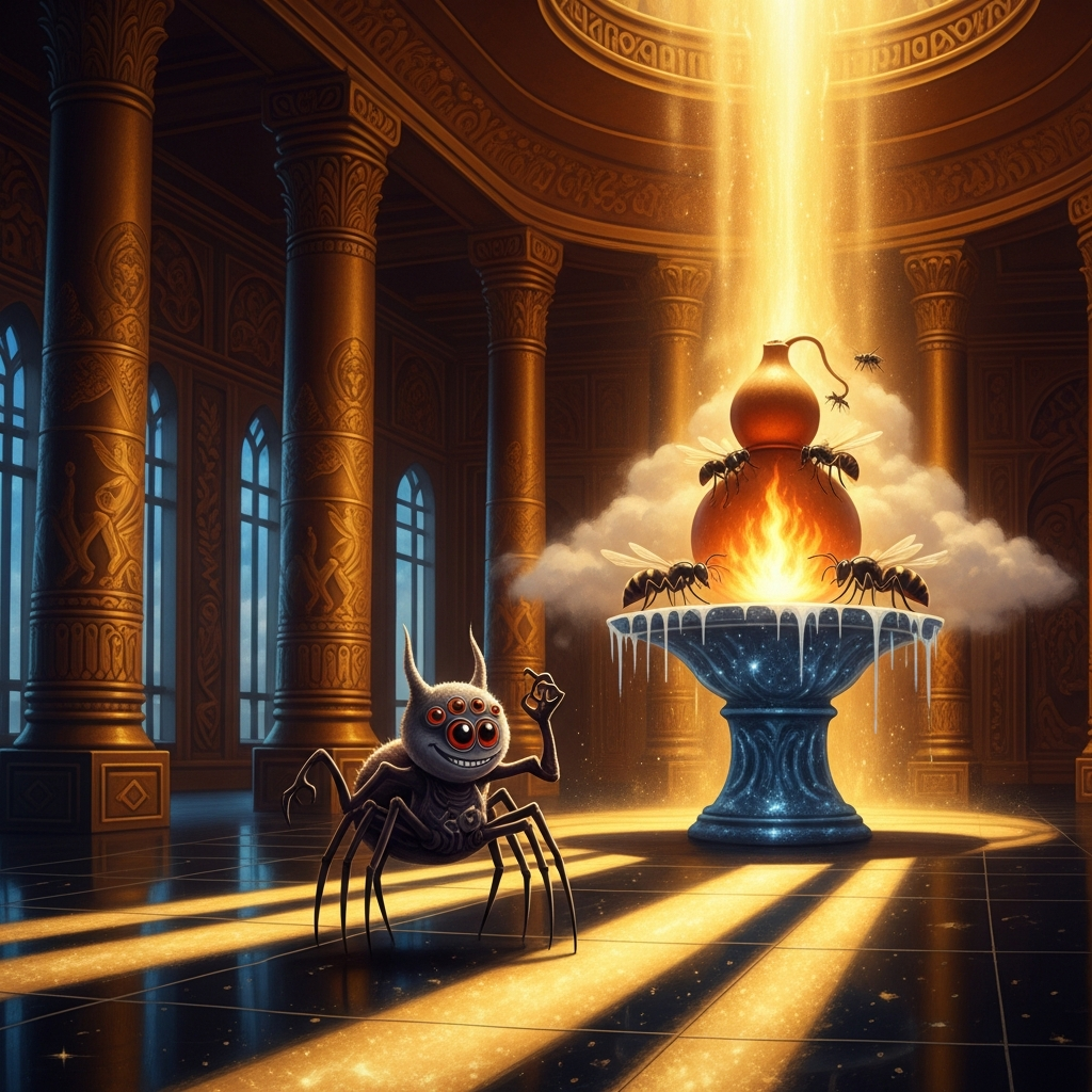 Anansi stands in Nyame's sky palace, small and eight-legged against the vast luminous chamber. The gourd of fire glows on its shelf behind a cloud of sleeping hornets. He is smiling.