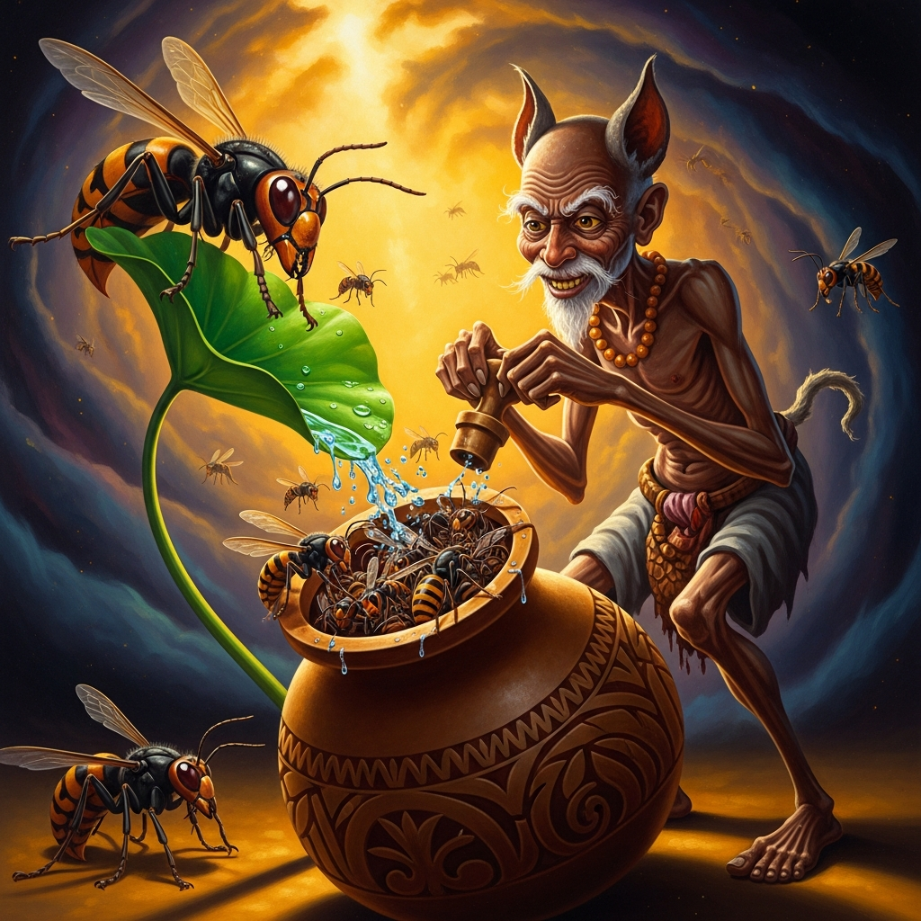 The Mmoboro hornets swarm into the gourd, convinced by Anansi's tilted water-leaf that the rain has already started. He stoppers the gourd before the last one notices.