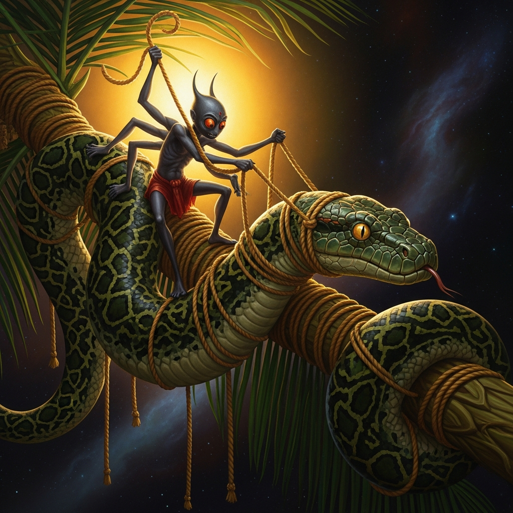 Anansi ties Onini the great python to a palm branch, the snake stretched full length in honest measurement of a debate that was never about length. The python is perfectly, helplessly rational.