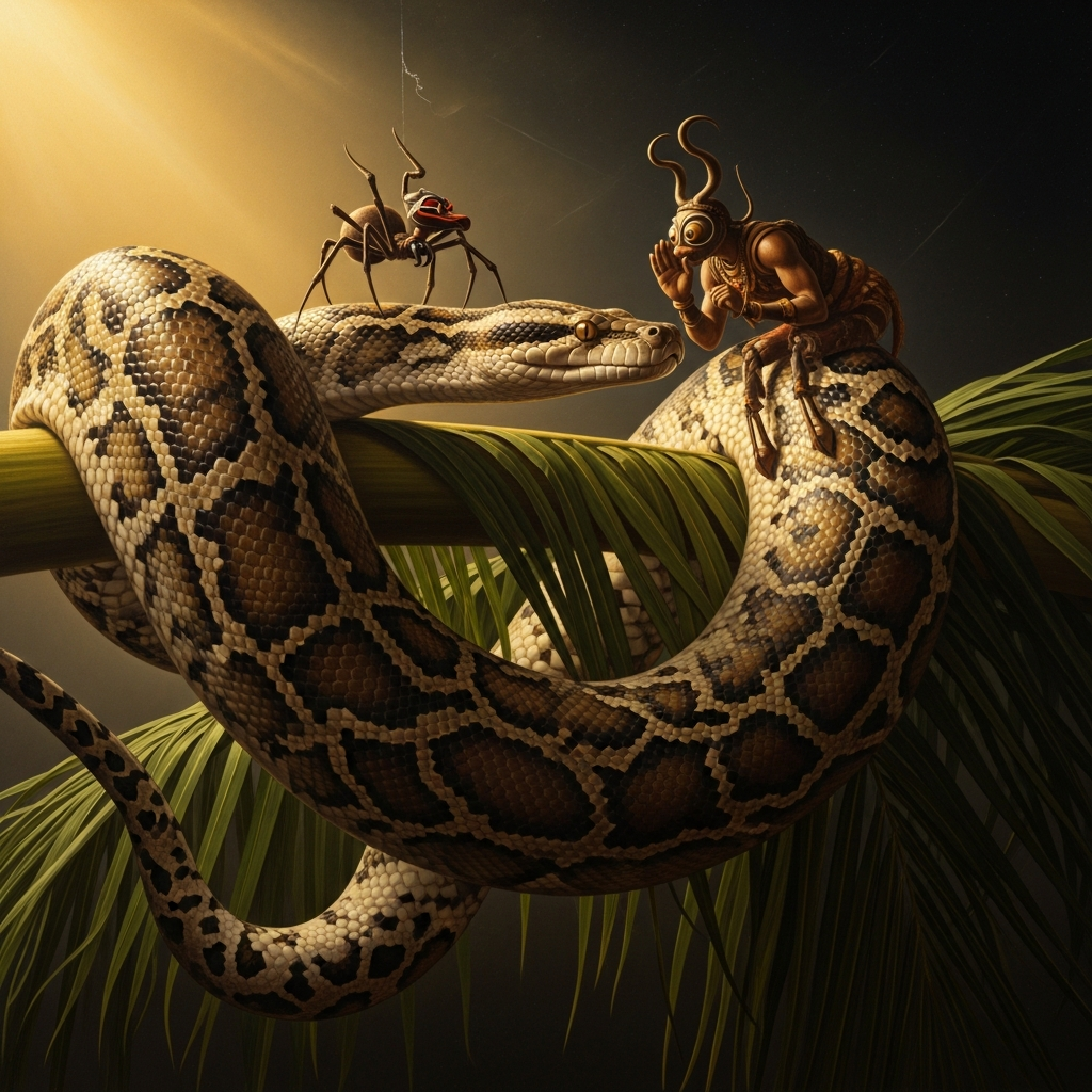 Onini the great python stretched alongside the palm branch, wholly convinced by Anansi's argument about measurement that lying still and being lashed with vine is a reasonable act of self-documentation.