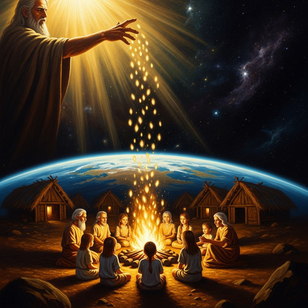 The stories scatter across the earth like seeds from an open hand — into every village, every fire, every mouth of every elder who will speak tonight to a child who is listening.