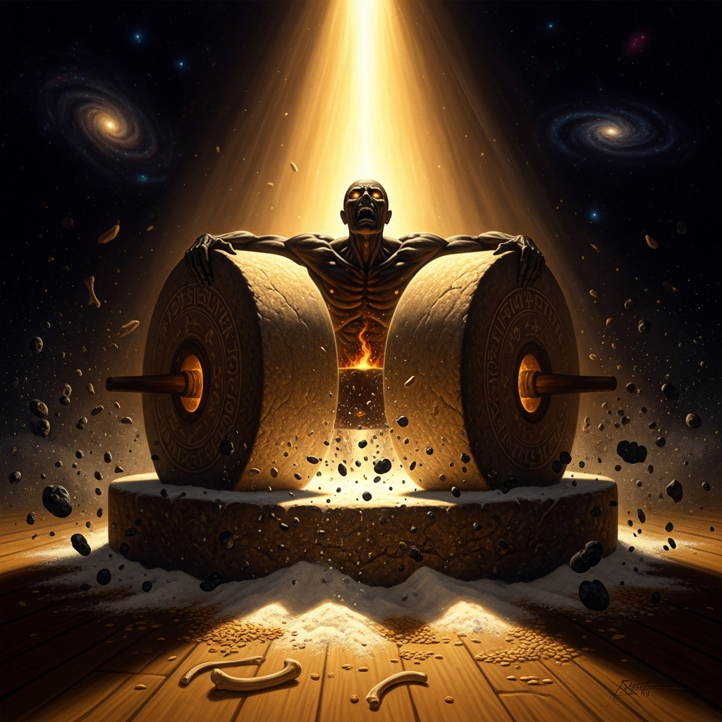 The millstones turn on the threshing floor as Mot is ground between them — the god of death becoming grain flour, scattered on the wind, sown in the fields that he has spent seven years starving.