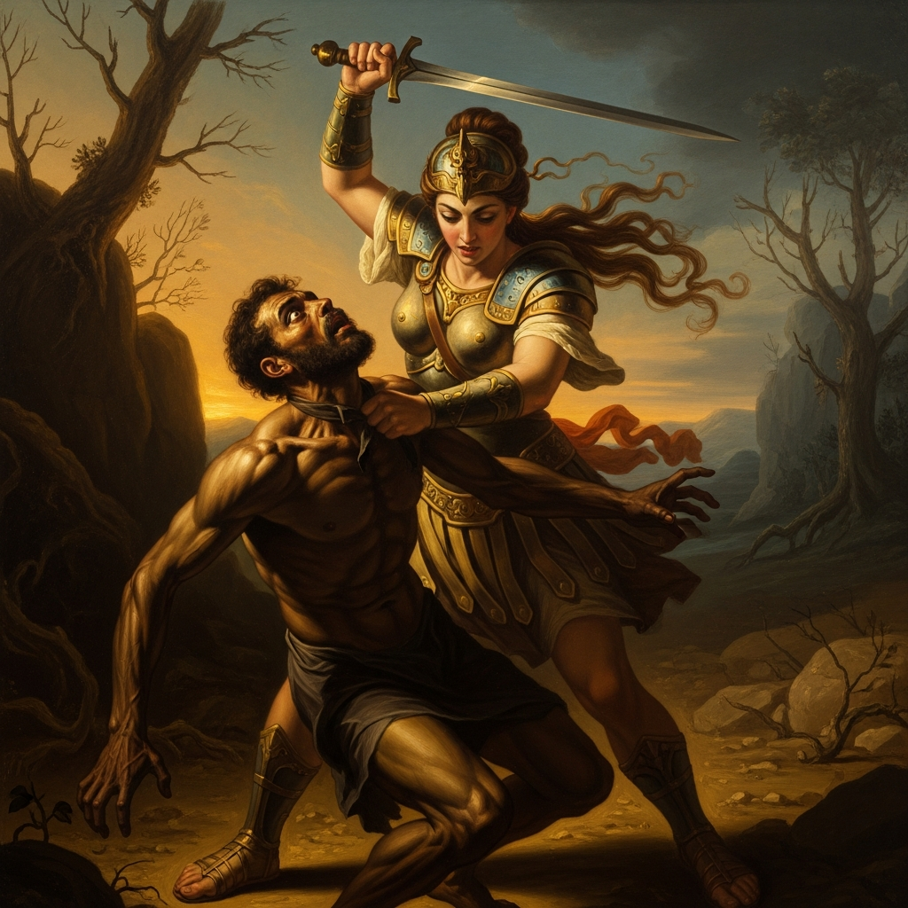 Anat seizes Mot in the open wilderness — her hand in his collar, her sword already drawn, the full violence of what she is about to do organized in her face like a plan.