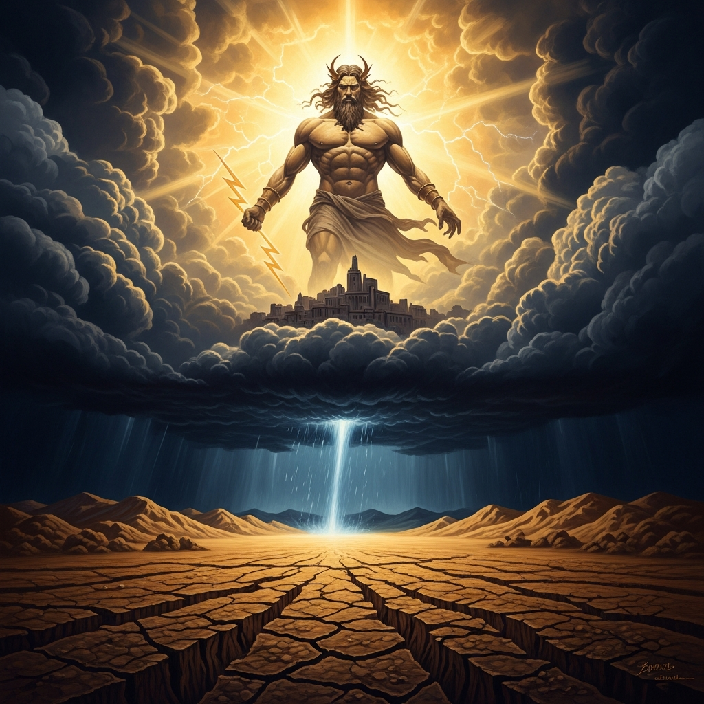 Baal rises above Zaphon as the clouds gather again — the first rain in seven years breaking over the dry hills of Canaan, the earth opening its mouth to receive it.