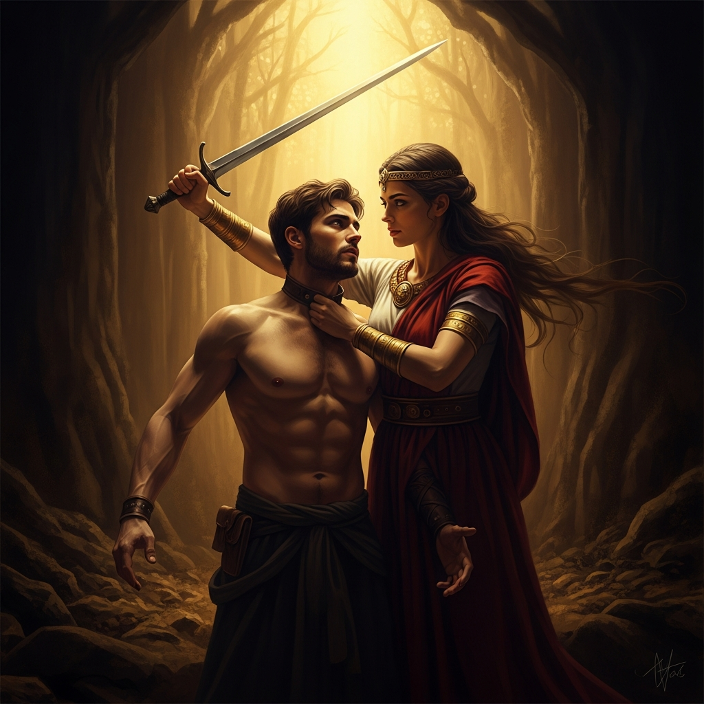 Anat seizes Mot in the wilderness margin between the living world and the dead — one hand in his collar, the sword already raised, the full resolve of what she is about to do organized in her face like a plan.