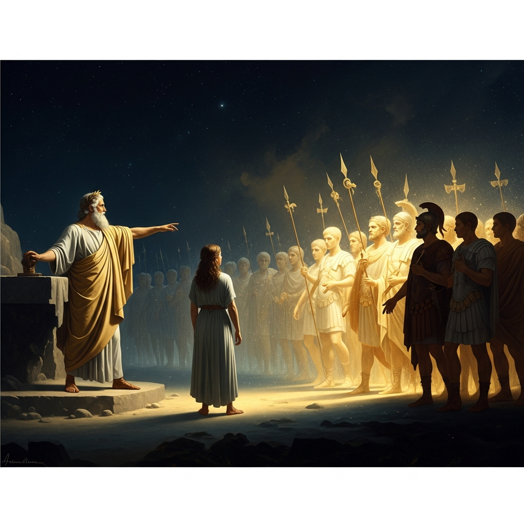 Anchises in Elysium, his arm extended, showing Aeneas the procession of unborn Romans — Romulus, the Caesars, Augustus — waiting in the Elysian light.