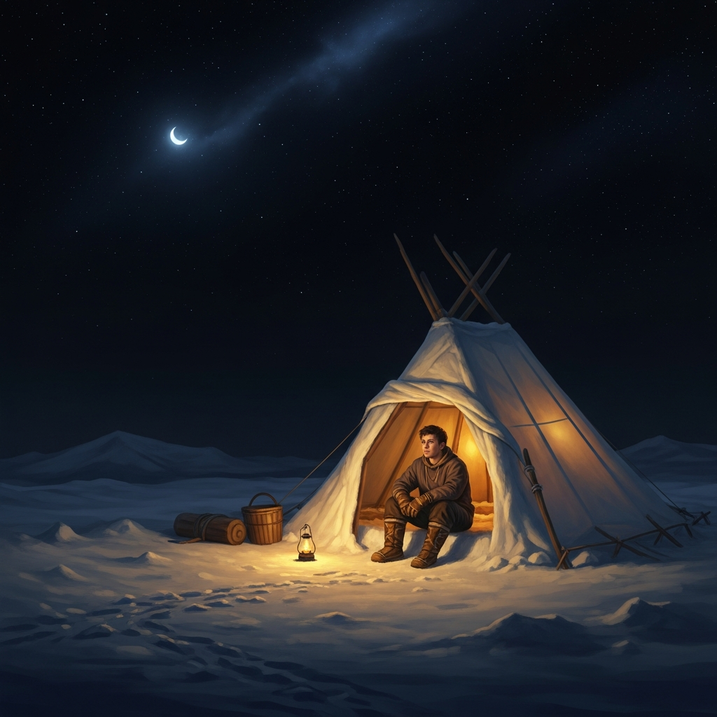 A young man sits alone in a small snow structure far from the camp, no lamp burning, no sound. The Arctic night is absolute. He has been here for days. He is waiting for something to arrive that cannot be sent for — it must come on its own terms.