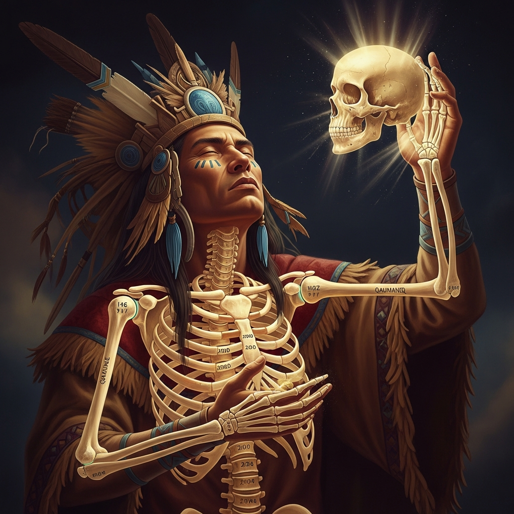 The shaman in mid-initiation, his eyes open but seeing inward: the vision of his own skeleton, every bone named and counted, the joints luminous, the marrow a living light. This is the moment the tradition calls qaumaneq — the shaman-light, the flash of illumination that will never fully leave him.